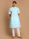 Vastramay Men's Aqua Bule Solid Kurta with White Pant style Cotton Pyjama Set